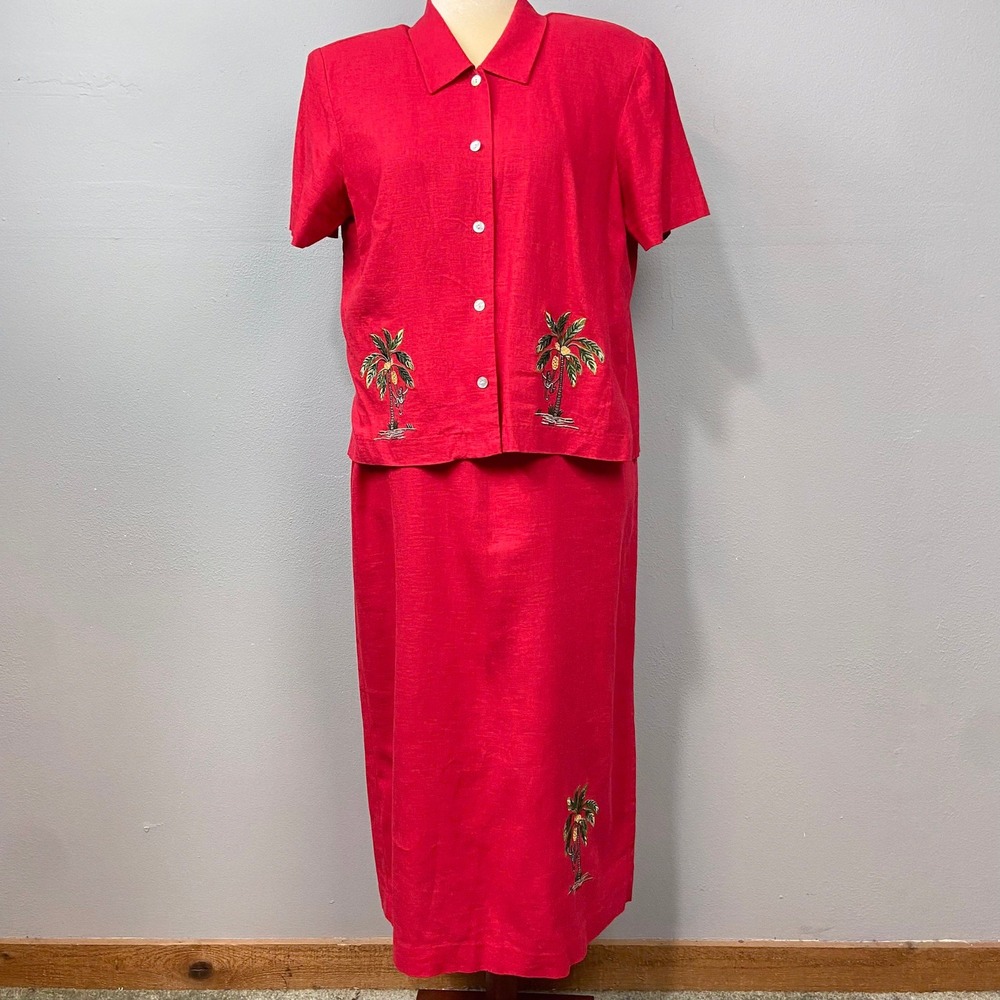 Vintage Miss Dorby Dress Set Womens 14P Red Linen Blend Embroidered Palm Tree